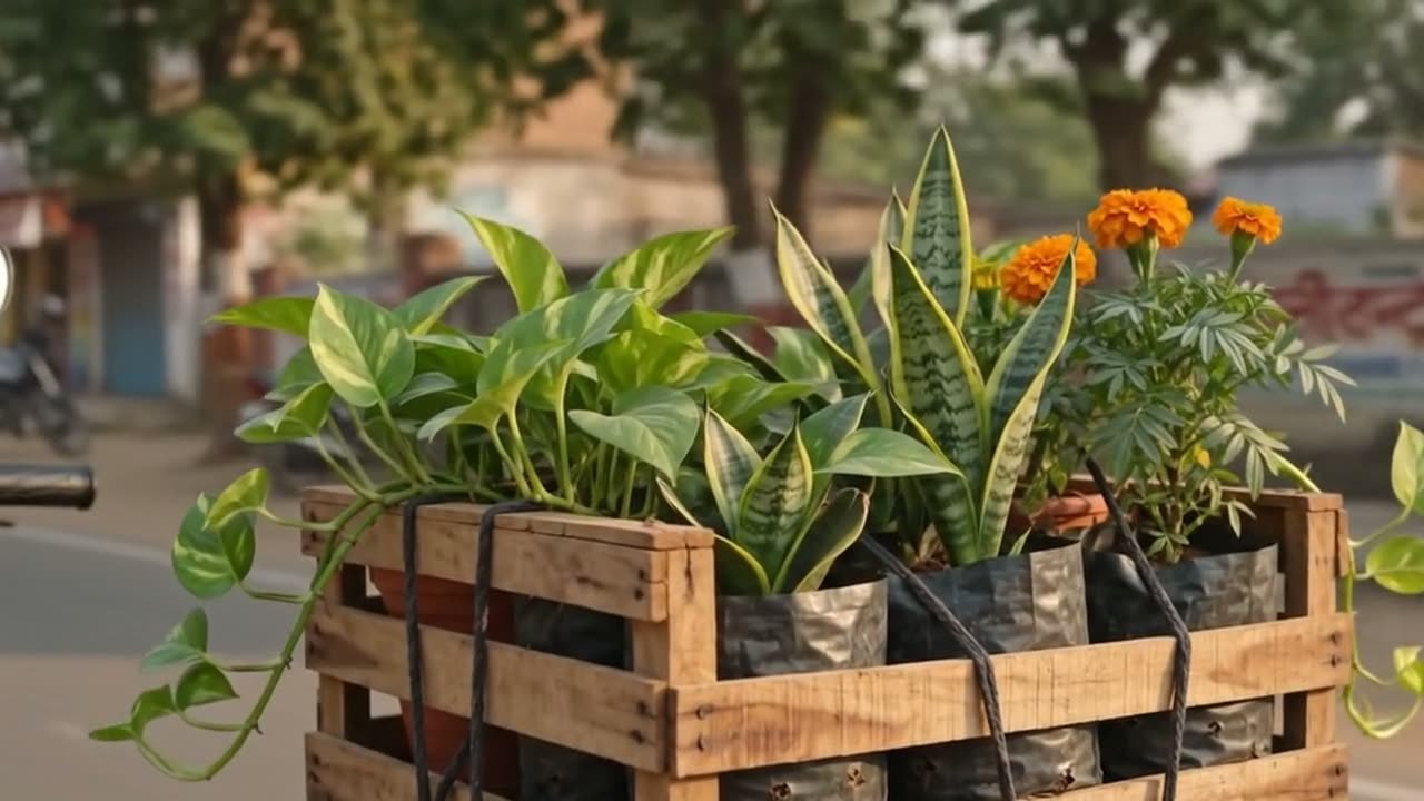 A crate of potted plants strapped to the back of a scooter, moving through a sunlit street
